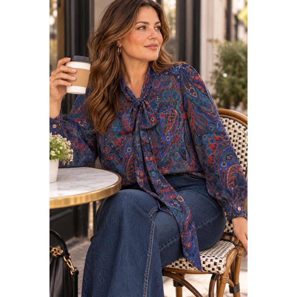 Lauren Ralph Lauren Paisley Tie Neck Blouse XXL Blue Red Long Sleeve Boho